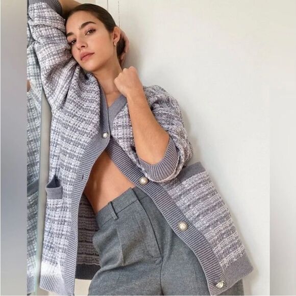 Babaton Lacer Cardigan V-Neck Button Front Long Sleeve Checkered Gray Women's XS - Picture 1 of 10